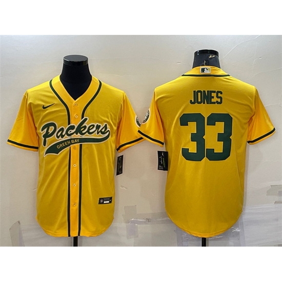 Men Green Bay Packers 33 Aaron Jones Gold With Patch Cool Base Stitched Baseball Jersey Men Green Bay Packers 33 Aaron Jones Gold With Patch Cool Base Stitched Baseball Jersey