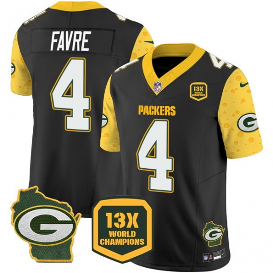 Men Green Bay Packers 4 Brett Favre Cheese Black 2024 F U S E 13 Time World Champions And Home Patch Vapor Untouchable Limited Stitched Football Jersey Men Green Bay Packers 4 Brett Favre Cheese Black 2024 F U S E 13 Time World Champions And Home Patch Vapor Untouchable Limited Stitched Football Jersey