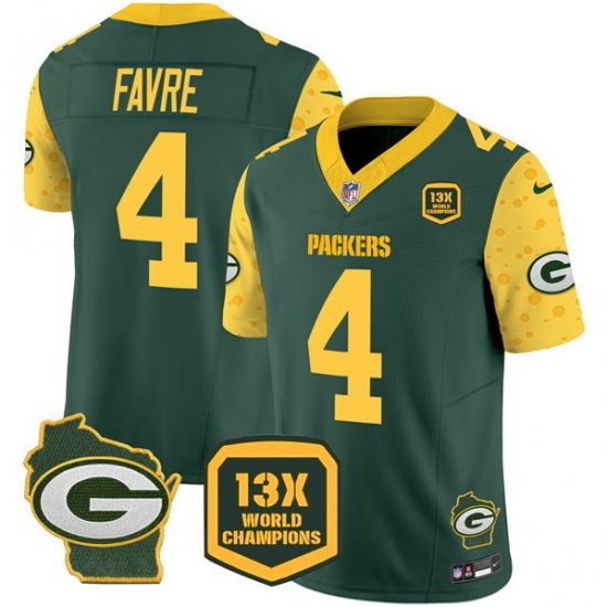 Men Green Bay Packers 4 Brett Favre Cheese Green 2024 F U S E 13 Time World Champions And Home Patch Vapor Untouchable Limited Stitched Football Jersey Men Green Bay Packers 4 Brett Favre Cheese Green 2024 F U S E 13 Time World Champions And Home Patch Vapor Untouchable Limited Stitched Football Jersey