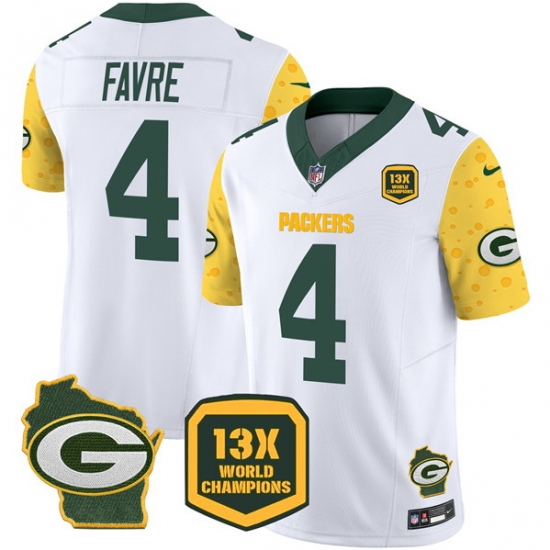 Men Green Bay Packers 4 Brett Favre Cheese White 2024 F U S E 13 Time World Champions And Home Patch Vapor Untouchable Limited Stitched Football Jersey Men Green Bay Packers 4 Brett Favre Cheese White 2024 F U S E 13 Time World Champions And Home Patch Vapor Untouchable Limited Stitched Football Jersey