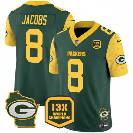 Men Green Bay Packers 8 Josh Jacobs Cheese Green 2024 F U S E 13 Time World Champions And Home Patch Vapor Untouchable Limited Stitched Football Jersey Men Green Bay Packers 8 Josh Jacobs Cheese Green 2024 F U S E 13 Time World Champions And Home Patch Vapor Untouchable Limited Stitched Football Jersey