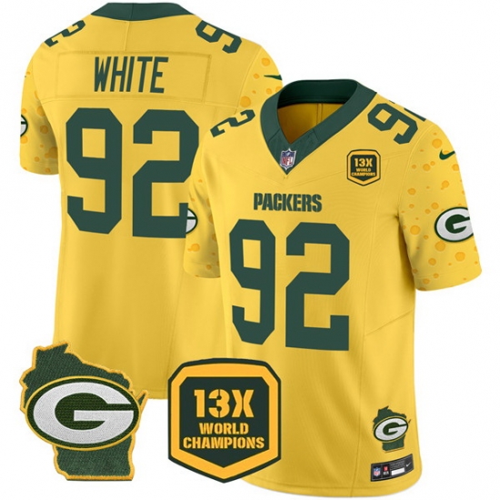 Men Green Bay Packers 92 Reggie White Cheese Gold 2024 F U S E 13 Time World Champions And Home Patch Vapor Untouchable Limited Stitched Football Jersey Men Green Bay Packers 92 Reggie White Cheese Gold 2024 F U S E 13 Time World Champions And Home Patch Vapor Untouchable Limited Stitched Football Jersey
