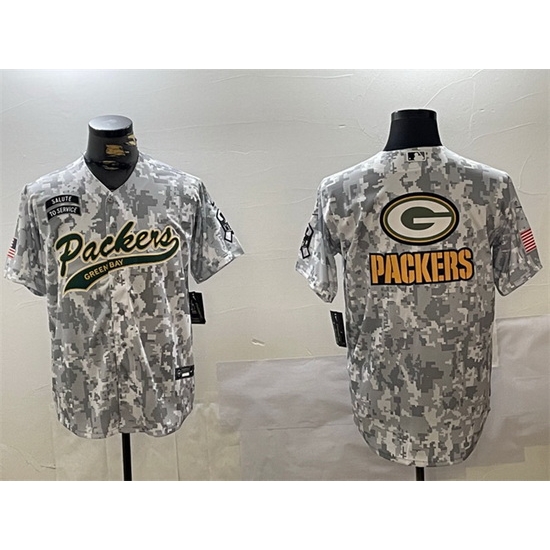Men Green Bay Packers Team Big Logo 2024 Arctic Camo Salute To Service Stitched Baseball Jersey Men Green Bay Packers Team Big Logo 2024 Arctic Camo Salute To Service Stitched Baseball Jersey
