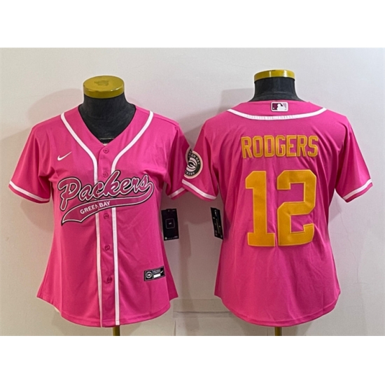Women Green Bay Packers 12 Aaron Rodgers Pink Gold With Patch Cool Base Stitched Baseball Jersey Women Green Bay Packers 12 Aaron Rodgers Pink Gold With Patch Cool Base Stitched Baseball Jersey