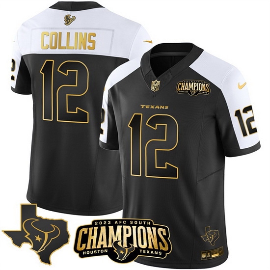 Men Houston Texans 12 Nico Collins Black White Golden 2023 F U S E With AFC South Champions Patch And Team Logo Patch Limited Stitched Football Jersey Men Houston Texans 12 Nico Collins Black White Golden 2023 F U S E With AFC South Champions Patch And Team Logo Patch Limited Stitched Football Jersey