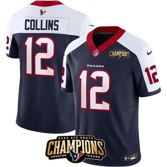 Men Houston Texans 12 Nico Collins Navy White 2023 F U S E AFC South Champions Patch Limited Stitched Football Jersey Men Houston Texans 12 Nico Collins Navy White 2023 F U S E AFC South Champions Patch Limited Stitched Football Jersey