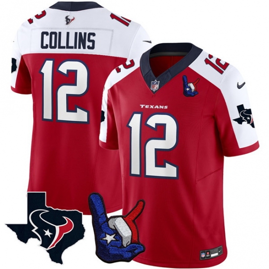 Men Houston Texans 12 Nico Collins Red White 2023 F U S E With Hand Sign Throwing Up The H Patch Vapor Untouchable Limited Stitched Football Jersey Men Houston Texans 12 Nico Collins Red White 2023 F U S E With Hand Sign Throwing Up The H Patch Vapor Untouchable Limited Stitched Football Jersey