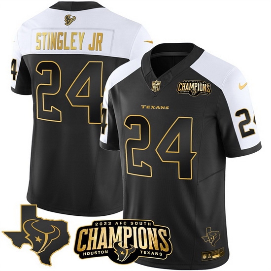 Men Houston Texans 24 Derek Stingley Jr Black White Golden 2023 F U S E With AFC South Champions Patch And Team Logo Patch Limited Stitched Football Jers Men Houston Texans 24 Derek Stingley Jr Black White Golden 2023 F U S E With AFC South Champions Patch And Team Logo Patch Limited Stitched Football Jers