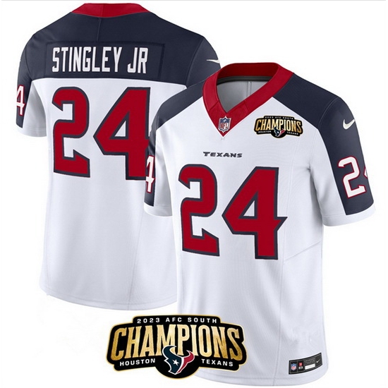 Men Houston Texans 24 Derek Stingley Jr White Navy 2023 F U S E With AFC South Champions Patch And Team Logo Patch Limited Stitched Football Jersey Men Houston Texans 24 Derek Stingley Jr White Navy 2023 F U S E With AFC South Champions Patch And Team Logo Patch Limited Stitched Football Jersey