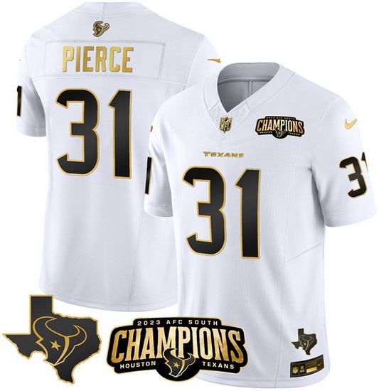 Men Houston Texans 31 Dameon Pierce White Golden 2023 F U S E With AFC South Champions Patch And Team Logo Patch Limited Stitched Football Jersey Men Houston Texans 31 Dameon Pierce White Golden 2023 F U S E With AFC South Champions Patch And Team Logo Patch Limited Stitched Football Jersey