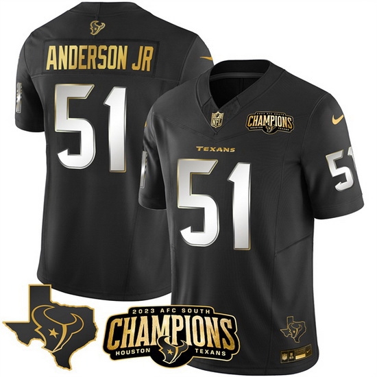 Men Houston Texans 51 Will Anderson Jr Black Golden 2023 F U S E With AFC South Champions Patch And Team Logo Patch Limited Stitched Football Jersey Men Houston Texans 51 Will Anderson Jr Black Golden 2023 F U S E With AFC South Champions Patch And Team Logo Patch Limited Stitched Football Jersey