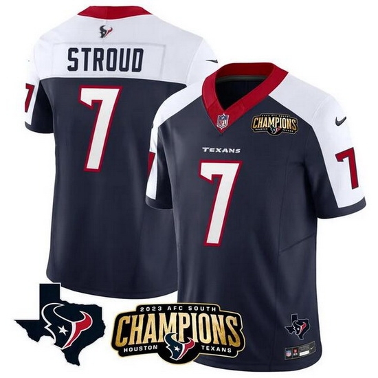Men Houston Texans 7 C J Stroud Navy White 2023 F U S E AFC South Champions Patch And Team Logo Patch Vapor Untouchable Limited Stitched Football Jersey Men Houston Texans 7 C J Stroud Navy White 2023 F U S E AFC South Champions Patch And Team Logo Patch Vapor Untouchable Limited Stitched Football Jersey