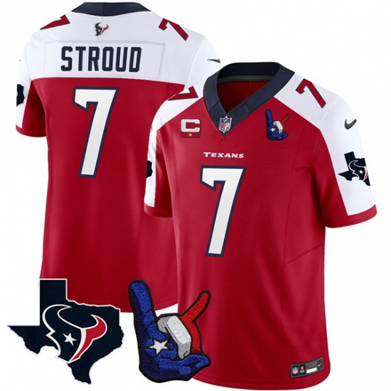 Men Houston Texans 7 C J Stroud Red White 2023 F U S E With 1 Star C And Hand Sign Throwing Up The H Patch Vapor Untouchable Limited Stitched Football Je Men Houston Texans 7 C J Stroud Red White 2023 F U S E With 1 Star C And Hand Sign Throwing Up The H Patch Vapor Untouchable Limited Stitched Football Je