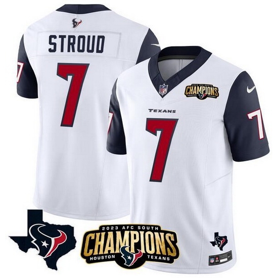 Men Houston Texans 7 C J Stroud White Navy 2023 F U S E AFC South Champions Patch And Team Logo Patch Vapor Untouchable Limited Stitched Football JerseyS Men Houston Texans 7 C J Stroud White Navy 2023 F U S E AFC South Champions Patch And Team Logo Patch Vapor Untouchable Limited Stitched Football JerseyS