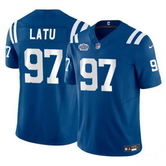 Men Indianapolis Colts 97 Laiatu Latu Blue 2024 With Dradt Patch F U S E Vapor Limited Stitched Football Jersey Men Indianapolis Colts 97 Laiatu Latu Blue 2024 With Dradt Patch F U S E Vapor Limited Stitched Football Jersey