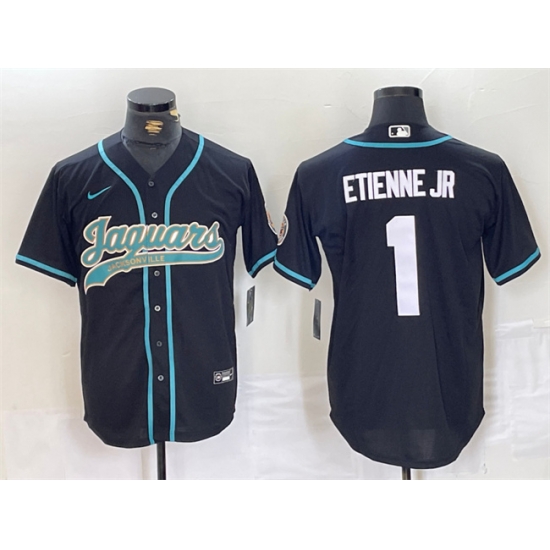Men Jacksonville Jaguars 1 Travis Etienne Jr Black With Patch Cool Base Stitched Baseball Jersey Men Jacksonville Jaguars 1 Travis Etienne Jr Black With Patch Cool Base Stitched Baseball Jersey