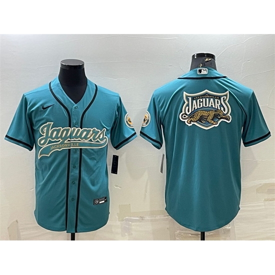Men Jacksonville Jaguars Teal Team Big Logo With Patch Cool Base Stitched Baseball Jersey Men Jacksonville Jaguars Teal Team Big Logo With Patch Cool Base Stitched Baseball Jersey