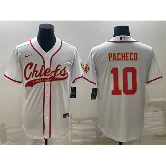 Men Kansas City Chiefs 10 Isiah Pacheco White With Patch Cool Base Stitched Baseball Jersey Men Kansas City Chiefs 10 Isiah Pacheco White With Patch Cool Base Stitched Baseball Jersey