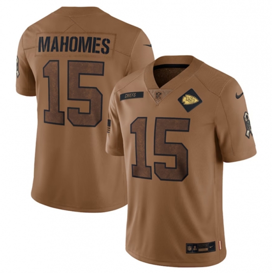 Men Kansas City Chiefs 15 Patrick Mahomes 2023 Brown Salute To Service Limited Stitched Jersey Men Kansas City Chiefs 15 Patrick Mahomes 2023 Brown Salute To Service Limited Stitched Jersey