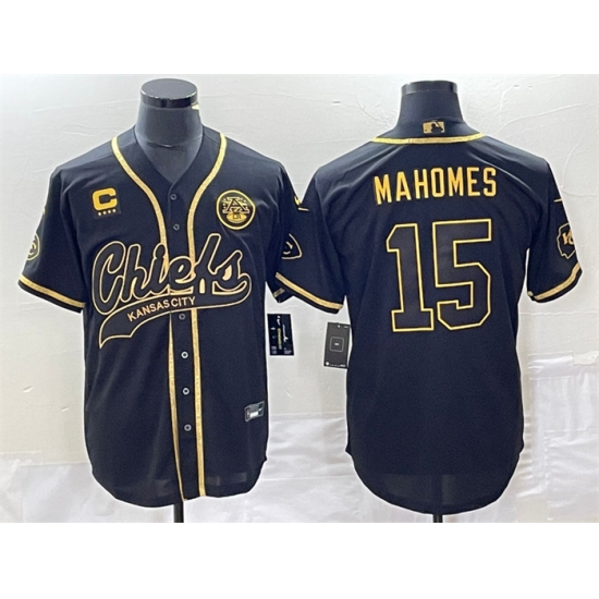 Men Kansas City Chiefs 15 Patrick Mahomes Black Gold With 4 Star C Patch Cool Bae Stitched Baseball Jersey Men Kansas City Chiefs 15 Patrick Mahomes Black Gold With 4 Star C Patch Cool Bae Stitched Baseball Jersey
