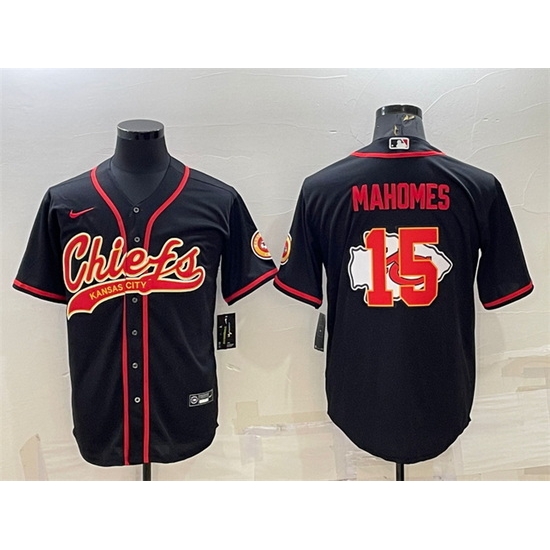 Men Kansas City Chiefs 15 Patrick Mahomes Black Team Big Logo With Patch Cool Base Stitched Baseball Jersey Men Kansas City Chiefs 15 Patrick Mahomes Black Team Big Logo With Patch Cool Base Stitched Baseball Jersey