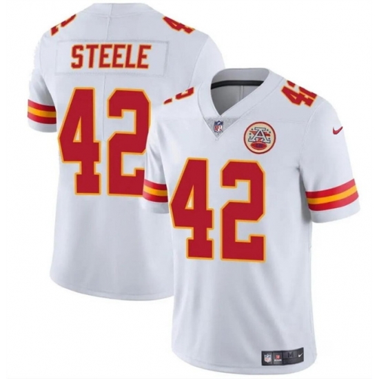 Men Kansas City Chiefs 42 Carson Steele White Vapor Untouchable Limited Stitched Football Jersey Men Kansas City Chiefs 42 Carson Steele White Vapor Untouchable Limited Stitched Football Jersey