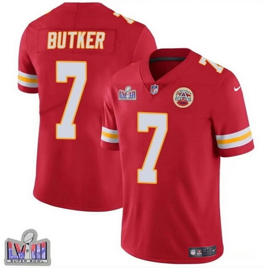 Men Kansas City Chiefs 7 Harrison Butker Red Super Bowl LVIII Patch Vapor Untouchable Limited Stitched Football Jersey Men Kansas City Chiefs 7 Harrison Butker Red Super Bowl LVIII Patch Vapor Untouchable Limited Stitched Football Jersey