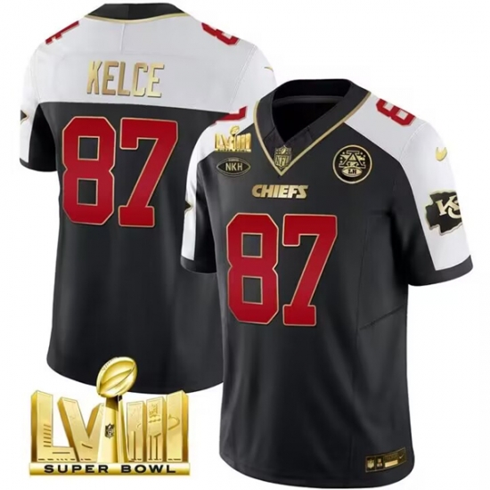 Men Kansas City Chiefs 87 Travis Kelce Black White 2024 F U S E Super Bowl LVIII Patch With NKH Patch Vapor Untouchable Limited Stitched Football Jersey Men Kansas City Chiefs 87 Travis Kelce Black White 2024 F U S E Super Bowl LVIII Patch With NKH Patch Vapor Untouchable Limited Stitched Football Jersey