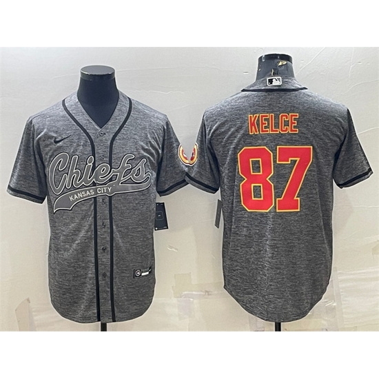 Men Kansas City Chiefs 87 Travis Kelce Grey With Patch Cool Base Stitched Baseball Jersey Men Kansas City Chiefs 87 Travis Kelce Grey With Patch Cool Base Stitched Baseball Jersey