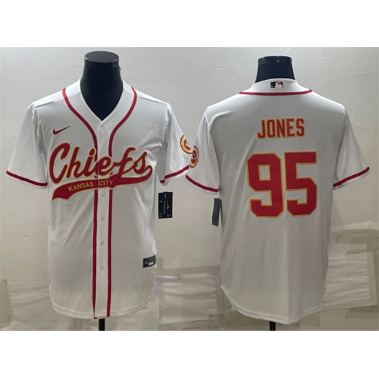 Men Kansas City Chiefs 95 Chris Jones White With Patch Cool Base Stitched Baseball Jersey Men Kansas City Chiefs 95 Chris Jones White With Patch Cool Base Stitched Baseball Jersey