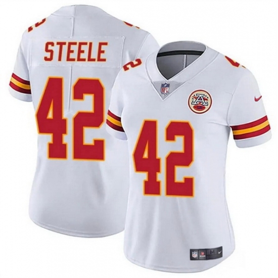Women Kansas City Chiefs 42 Carson Steele White Vapor Untouchable Limited Stitched Jersey Women Kansas City Chiefs 42 Carson Steele White Vapor Untouchable Limited Stitched Jersey