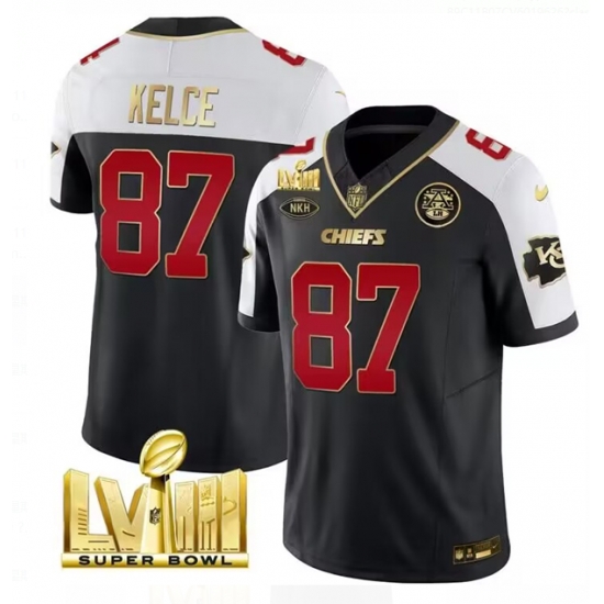 Youth Kansas City Chiefs 87 Travis Kelce Black White 2024 F U S E Super Bowl LVIII Patch With NKH Patch Vapor Untouchable Limited Stitched Football Jersey Youth Kansas City Chiefs 87 Travis Kelce Black White 2024 F U S E Super Bowl LVIII Patch With NKH Patch Vapor Untouchable Limited Stitched Football Jersey