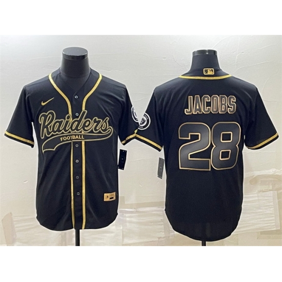 Men Las Vegas Raiders 28 Josh Jacobs Black Gold With Patch Cool Base Stitched Baseball Jersey Men Las Vegas Raiders 28 Josh Jacobs Black Gold With Patch Cool Base Stitched Baseball Jersey