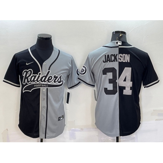 Men Las Vegas Raiders 34 Bo Jackson Black Grey Split With Patch Cool Base Stitched Baseball Jersey Men Las Vegas Raiders 34 Bo Jackson Black Grey Split With Patch Cool Base Stitched Baseball Jersey