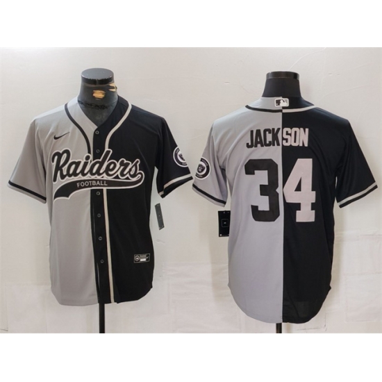 Men Las Vegas Raiders 34 Bo Jackson Grey Black Split Cool Base Stitched Baseball Jersey Men Las Vegas Raiders 34 Bo Jackson Grey Black Split Cool Base Stitched Baseball Jersey