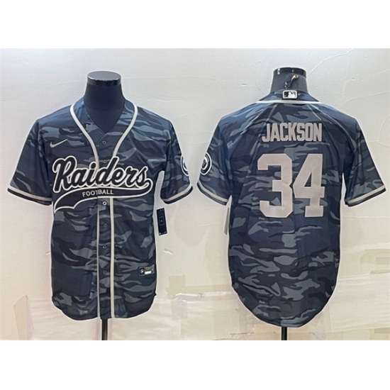 Men Las Vegas Raiders 34 Bo Jackson Grey Camo With Patch Cool Base Stitched Baseball Jersey Men Las Vegas Raiders 34 Bo Jackson Grey Camo With Patch Cool Base Stitched Baseball Jersey