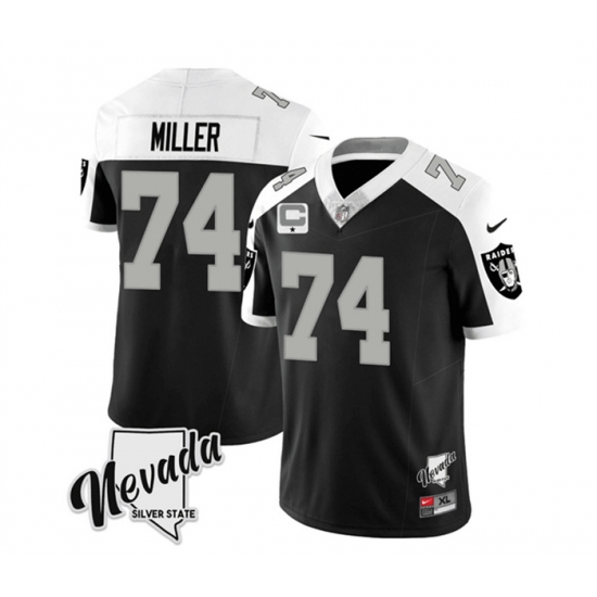 Men Las Vegas Raiders 74 Kolton Miller Black White 2023 F U S E Nevada Silver Stat With 1 Star C Patch Stitched Football Jersey Men Las Vegas Raiders 74 Kolton Miller Black White 2023 F U S E Nevada Silver Stat With 1 Star C Patch Stitched Football Jersey