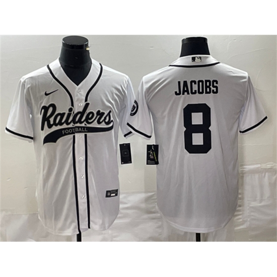 Men Las Vegas Raiders 8 Josh Jacobs White Cool Base Stitched Baseball Jersey Men Las Vegas Raiders 8 Josh Jacobs White Cool Base Stitched Baseball Jersey