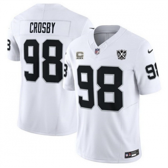 Men Las Vegas Raiders 98 Maxx Crosby White 2024 F U S E With 4 Star C Patch And 65th Anniversary Patch Vapor Stitched Football Jersey Men Las Vegas Raiders 98 Maxx Crosby White 2024 F U S E With 4 Star C Patch And 65th Anniversary Patch Vapor Stitched Football Jersey