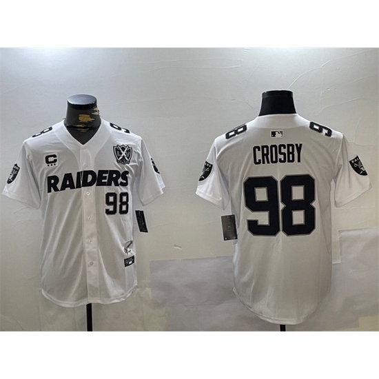Men Las Vegas Raiders 98 Maxx Crosby White With Nevada Silver Stat Patch And 65th Anniversary Patch 3 Star C Patch Stitched Baseball Jersey Men Las Vegas Raiders 98 Maxx Crosby White With Nevada Silver Stat Patch And 65th Anniversary Patch 3 Star C Patch Stitched Baseball Jersey
