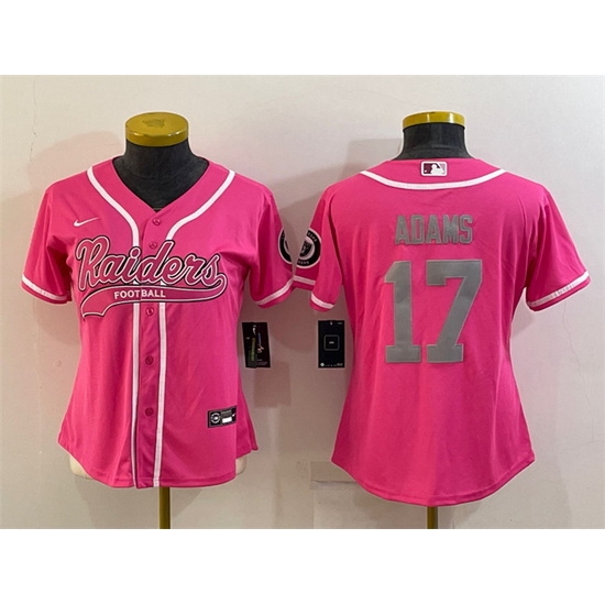 Women Las Vegas Raiders 17 Davante Adams Pink Silver With Patch Cool Base Stitched Baseball Jersey Women Las Vegas Raiders 17 Davante Adams Pink Silver With Patch Cool Base Stitched Baseball Jersey