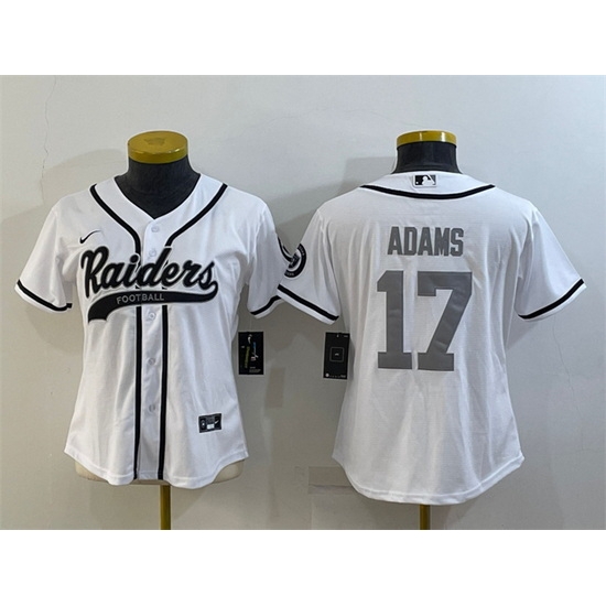Women Las Vegas Raiders 17 Davante Adams White Silver With Patch Cool Base Stitched Baseball Jersey Women Las Vegas Raiders 17 Davante Adams White Silver With Patch Cool Base Stitched Baseball Jersey