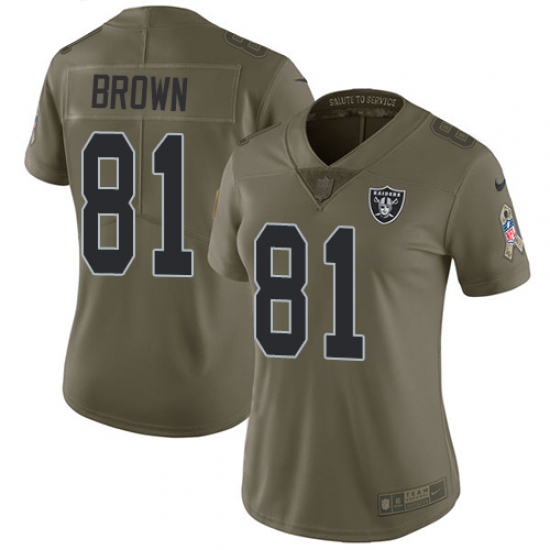 Womens Nike Raiders #81 Tim Brown Olive Stitched NFL Limited 2017 Salute to Service Jersey Womens Nike Raiders #81 Tim Brown Olive Stitched NFL Limited 2017 Salute to Service Jersey