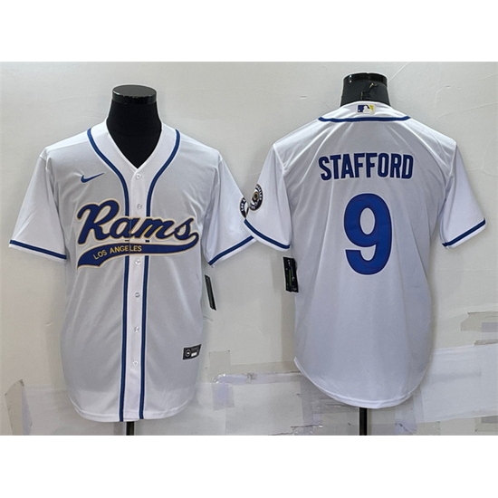 Men Los Angeles Rams 9 Matthew Stafford White With Patch Cool Base Stitched Baseb Men Los Angeles Rams 9 Matthew Stafford White With Patch Cool Base Stitched Baseb