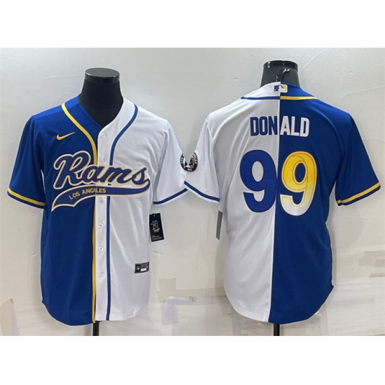 Men Los Angeles Rams 99 Aaron Donald Royal White Split With Patch Cool Base Stitched Baseball Jersey Men Los Angeles Rams 99 Aaron Donald Royal White Split With Patch Cool Base Stitched Baseball Jersey