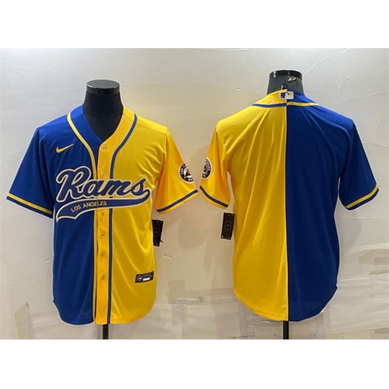 Men Los Angeles Rams Blank Royal Yellow Split With Patch Cool Base Stitched Baseball Jersey Men Los Angeles Rams Blank Royal Yellow Split With Patch Cool Base Stitched Baseball Jersey