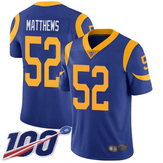 Youth Rams 52 Clay Matthews Royal Blue Alternate Stitched Football 100th Season Vapor Limited Jersey Youth Rams 52 Clay Matthews Royal Blue Alternate Stitched Football 100th Season Vapor Limited Jersey