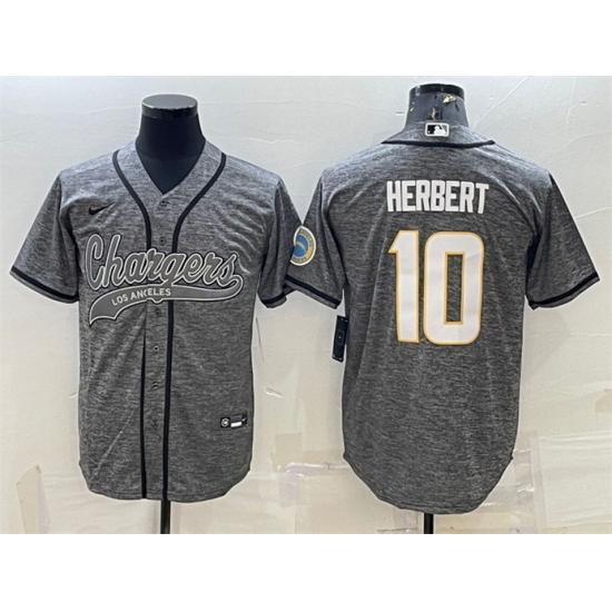 Men Los Angeles Chargers 10 Justin Herbert Grey With Patch Cool Base Stitched Baseball Jersey Men Los Angeles Chargers 10 Justin Herbert Grey With Patch Cool Base Stitched Baseball Jersey
