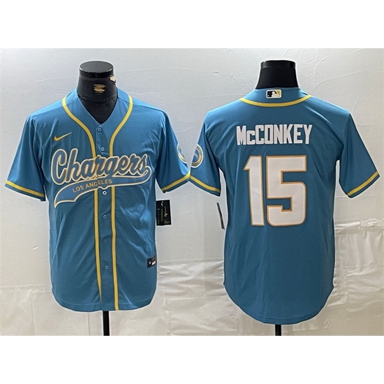 Men Los Angeles Chargers 15 Ladd McConkey Blue Cool Base Stitched Baseball Jersey Men Los Angeles Chargers 15 Ladd McConkey Blue Cool Base Stitched Baseball Jersey