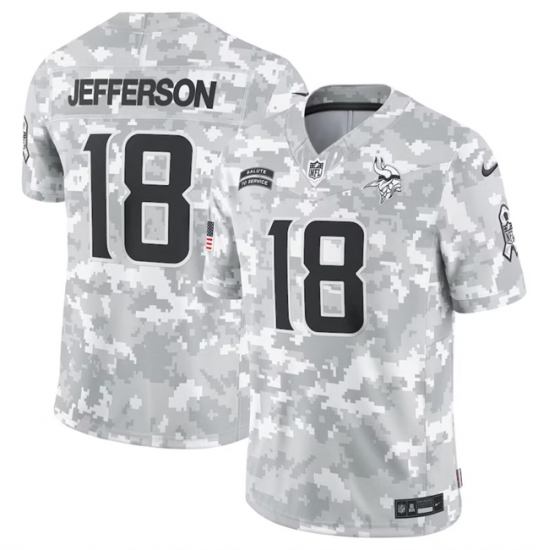 Men Minnesota Vikings 18 Justin Jefferson 2024 Arctic Camo Salute To Service Limited Stitched Football Jersey Men Minnesota Vikings 18 Justin Jefferson 2024 Arctic Camo Salute To Service Limited Stitched Football Jersey